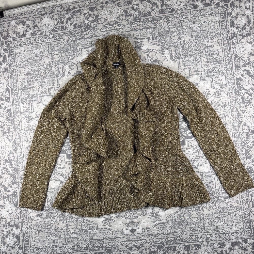 Rafaella sz Medium M Open Front Ruffle Shawl Collar Sweater Cardigan Brown Knit